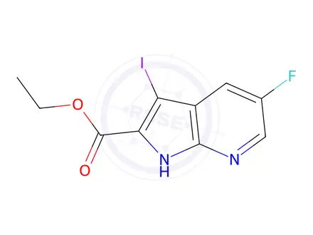 Chemical structure of ethyl 5-fluoro-3-iodo-1H-pyrrolo[2,3-b]pyridine-2-carboxylate