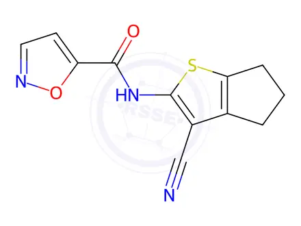 Chemical structure of N-(3-Cyano-5,6-dihydro-4H-cyclopenta[b]thiophen-2-yl)isoxazole-5-carboxamide