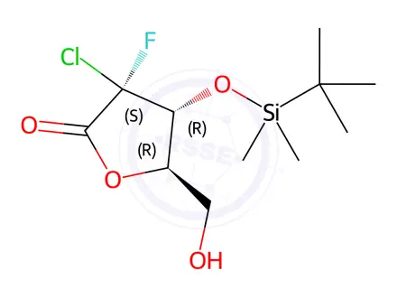 Chemical structure of (3S,4R,5R)-4-[(tert-butyldimethylsilyl)oxy]-3-chloro-3-fluoro-5-(hydroxymethyl)oxolan-2-one