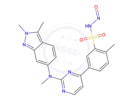 Chemical structure of 5-(2-((2,3-dimethyl-2H-indazol-6-yl)(methyl)amino)pyrimidin-4-yl)-2-methyl-N-nitrosobenzenesulfonamide