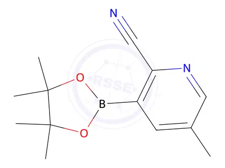 Chemical structure of 5-methyl-3-(tetramethyl-1,3,2-dioxaborolan-2-yl)pyridine-2-carbonitrile