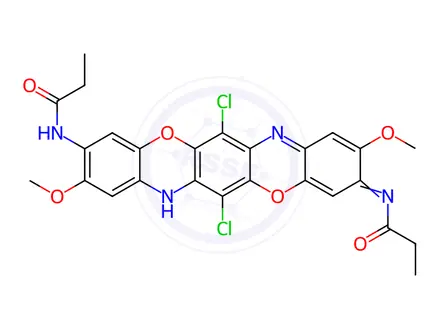 Chemical structure of N,N'-(6,13-dichloro-2,9-dimethoxytriphenodioxazine-3,10-diyl)bispropionamide