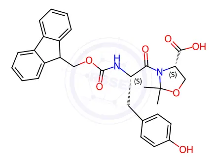 Chemical structure of 4-Oxazolidinecarboxylic acid, 3-[(2S)-2-[[(9H-fluoren-9-ylmethoxy)carbonyl]amino]-3-(4-hydroxyphenyl)-1-oxopropyl]-2,2-dimethyl-, (4S)-