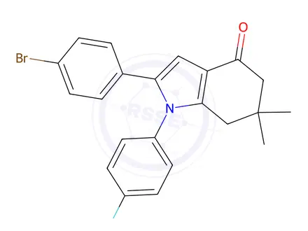 Chemical structure of 2-(4-Bromophenyl)-1-(4-fluorophenyl)-6,6-dimethyl-1,5,6,7-tetrahydro-4H-indol-4-one