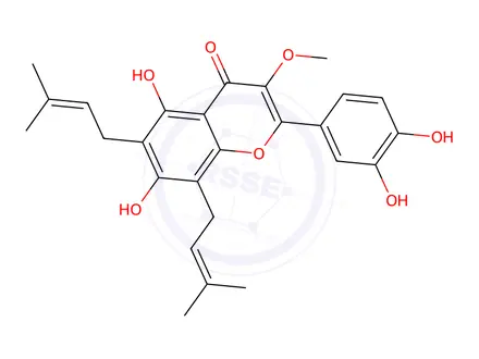 Chemical structure of 2-(3,4-Dihydroxy-phenyl)-5,7-dihydroxy-3-methoxy-8-((E)-3-methyl-but-2-enyl)-6-(3-methyl-but-2-enyl)-1-benzopyran-4-one
