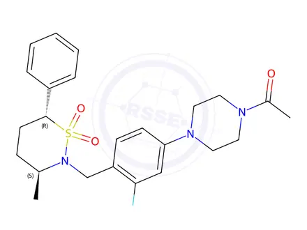 Chemical structure of 1-(4-(3-fluoro-4-(((3S,6R)-3-methyl-1,1-dioxido-6-phenyl-1,2-thiazinan-2-yl)methyl)phenyl)piperazin-1-yl)ethanone
