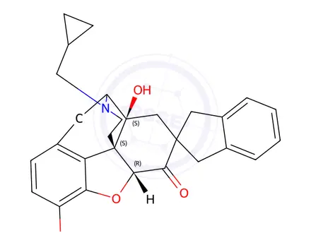 Chemical structure of 17-cyclopropylmethyl-4,5-epoxy-3,14-dihydroxymorphinan-6-one-7-spiro-2'-indan