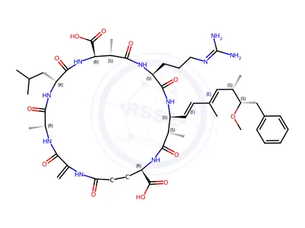 Chemical structure of [Dha7]-Microcystin-LR (NRC Certified Calibration Solution)Concentration: 9.58 μmol/L of dmMCLR in aqueous Methanol (1:1, v/v)