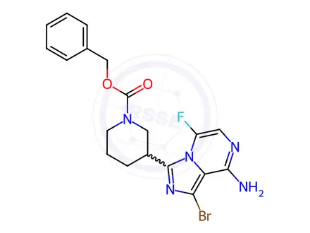 Chemical structure of benzyl 3-{8-amino-1-bromo-5-fluoroimidazo[1,5-a]pyrazin-3-yl}piperidine-1-carboxylate