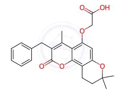 Chemical structure of [(3-benzyl-4,8,8-trimethyl-2-oxo-9,10-dihydro-2H,8H-pyrano[2,3-f]chromen-5-yl)oxy]acetic acid