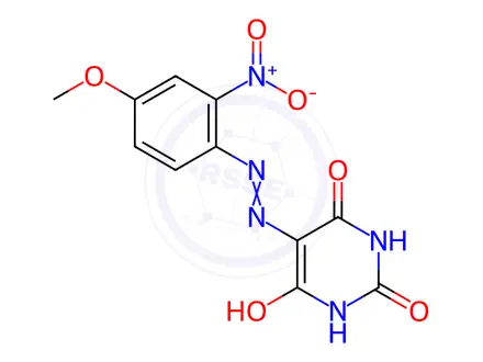 Chemical structure of 2,4,5,6(1H,3H)-Pyrimidinetetrone 5-[(4-methoxy-2-nitrophenyl)hydrazone]