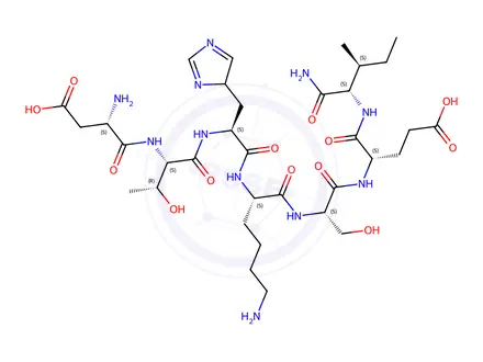 Chemical structure of (4S)-4-[[(2S)-2-[[(2S)-6-amino-2-[[(2S)-2-[[(2S,3R)-2-[[(2S)-2-amino-3-carboxy-propanoyl]amino]-3-hydroxy-butanoyl]amino]-3-(4H-imidazol-4-y l)propanoyl]amino]hexanoyl]amino]-3-hydroxy-propanoyl]amino]-4-[[(1S,2 S)-1-carbamoyl-2-methyl-butyl]carbamoyl]butanoic acid