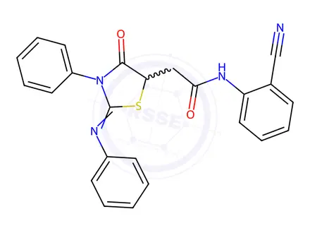 Chemical structure of N-(2-Cyanophenyl)-2-(4-oxo-3-phenyl-2-(phenylimino)thiazolidin-5-yl)acetamide