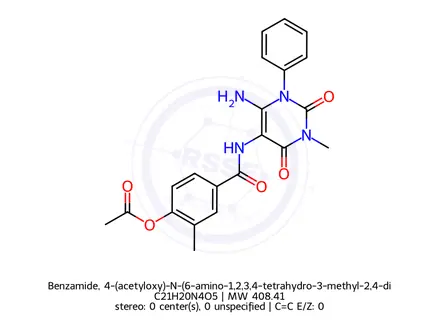 Chemical structure of Benzamide, 4-(acetyloxy)-N-(6-amino-1,2,3,4-tetrahydro-3-methyl-2,4-dioxo-1-phenyl-5-pyrimidinyl)-3-methyl-