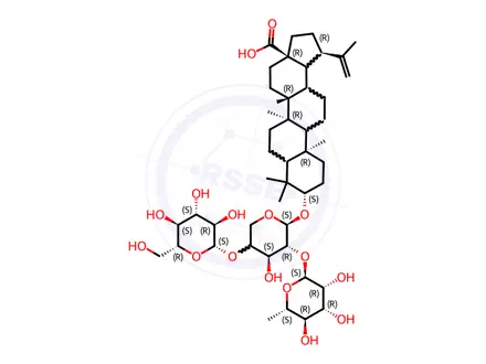 Chemical structure of 3β-O-α-L-Rhamnopyranosyl-(1→2)-[β-D-glucopyranosyl-(1→4)]-α-L-arabinopyranoside Betulinic Acid