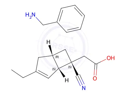 Chemical structure of Phenylmethanamine 2-((1R,5S,6S)-6-cyano-3-ethylbicyclo[3.2.0]hept-3-en-6-yl)acetate