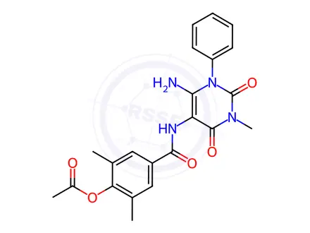 Chemical structure of Benzamide, 4-(acetyloxy)-N-(6-amino-1,2,3,4-tetrahydro-3-methyl-2,4-dioxo-1-phenyl-5-pyrimidinyl)-3,5-dimethyl-