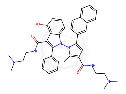 Chemical structure of N-(2-(Dimethylamino)ethyl)-1-(3-((2-(dimethylamino)ethyl)carbamoyl)-2-methyl-5-(naphthalen-2-yl)-1H-pyrrol-1-yl)-4-hydroxy-2-phenyl-1H-indole-3-carboxamide