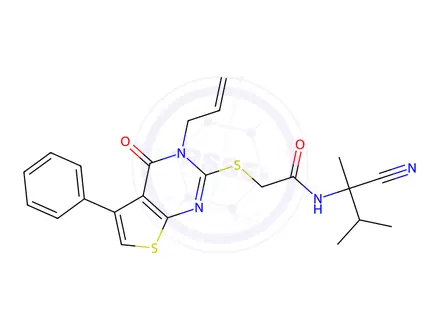 Chemical structure of 2-((3-Allyl-4-oxo-5-phenyl-3,4-dihydrothieno[2,3-d]pyrimidin-2-yl)thio)-N-(2-cyano-3-methylbutan-2-yl)acetamide