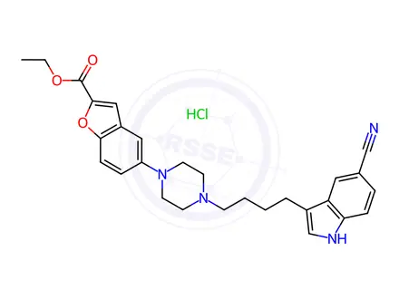 Chemical structure of Ethyl 5-(4-(4-(5-cyano-1H-indol-3-yl)butyl)piperazin-1-yl)benzofuran-2-carboxylate Hydrochloride