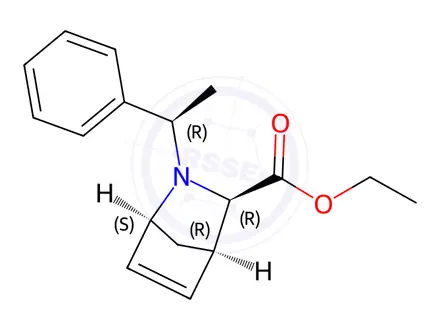 Chemical structure of (1S,3R,4R)-ethyl 2-((R)-1-phenylethyl)-2-azabicyclo[2.2.1]hept-5-ene-3-carboxylate