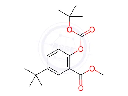 Chemical structure of Benzoic acid, 2-[[(1,1-dimethylethoxy)carbonyl]oxy]-5-(1,1-dimethylethyl)-, methyl ester