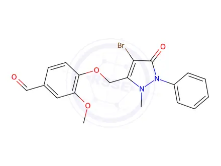 Chemical structure of 4-((4-Bromo-2-methyl-5-oxo-1-phenyl-2,5-dihydro-1H-pyrazol-3-yl)methoxy)-3-methoxybenzaldehyde