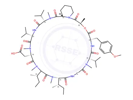 Chemical structure of Cyclo(-gly-meval-tyr(Me)-lac-pip-meval-val-measp-meile-meile-)