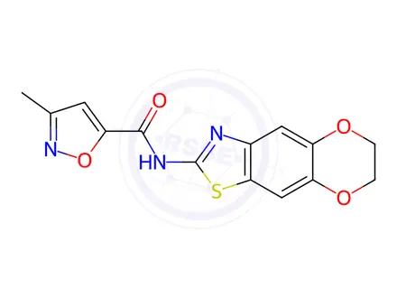 Chemical structure of N-(6,7-Dihydro-[1,4]dioxino[2',3':4,5]benzo[1,2-d]thiazol-2-yl)-3-methylisoxazole-5-carboxamide