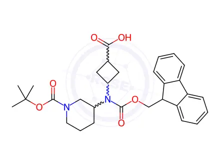 Chemical structure of (1s,3s)-3-({1-[(tert-butoxy)carbonyl]piperidin-3-yl}({[(9H-fluoren-9-yl)methoxy]carbonyl})amino)cyclobutane-1-carboxylic acid