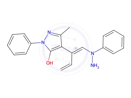 Chemical structure of (E)-3-Methyl-1-phenyl-4-(1-(1-phenylhydrazinyl)buta-1,3-dien-2-yl)-1H-pyrazol-5-ol