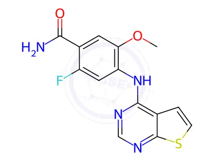 Chemical structure of 2-Fluoro-5-methoxy-4-(thieno[2,3-d]pyrimidin-4-ylamino)benzamide