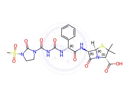 Chemical structure of (2S,5R,6R)-3,3-dimethyl-6-((R)-2-(3-(3-(methylsulfonyl)-2-oxoimidazolidine-1-carbonyl)ureido)-2-phenylacetamido)-7-oxo-4-thia-1-azabicyclo[3.2.0]heptane-2-carboxylic acid