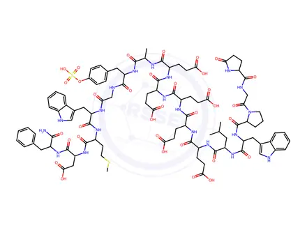 Chemical structure of PYR-GLY-PRO-TRP-LEU-GLU-GLU-GLU-GLU-GLU-ALA-TYR(SO3H)-GLY-TRP-MET-ASP-PHE-NH2
