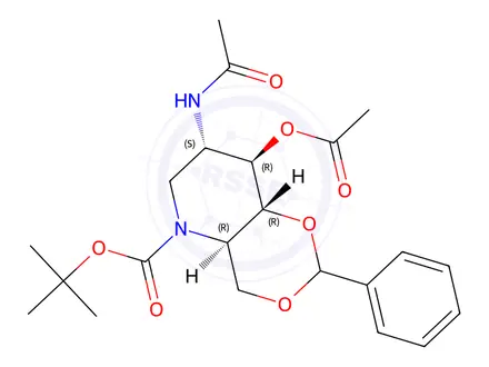 Chemical structure of 2-Acetamido-3-O-acetyl-4,6-benzylidene-N-Boc-1,2,5-trideoxy-1,5-imino-glucitol