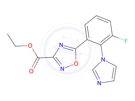 Chemical structure of ethyl 5-[3-fluoro-2-(1H-imidazol-1-yl)phenyl]-1,2,4-oxadiazole-3-carboxylate