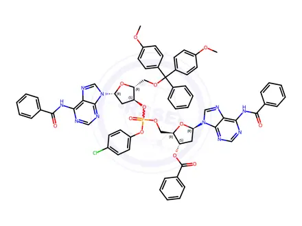 Chemical structure of N-benzoyl-3'-O-benzoyl-P-(p-chlorophenyl)-2'-deoxyadenylyl-(5'->3')-N-benzoyl-5'-O-[bis(p-methoxyphenyl)phenylmethyl]-2'-deoxyadenosine