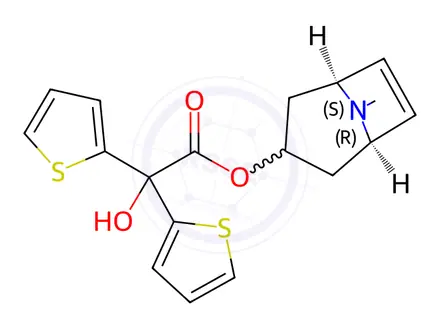 Chemical structure of rel-(1R,3S,5S)-8-Methyl-8-azabicyclo[3,2,1]oct-6-en-yl-2-hydroxy-2,2-dithiophen-2-yl acetate