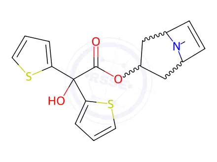 Chemical structure of rel-(1R,3r,5S)-8-Methyl-8-azabicyclo[3.2.1]oct-6-en-3-yl 2-hydroxy-2,2-di(thiophen-2-yl)acetate