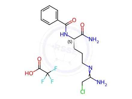 Chemical structure of (2S)-5-(2-Chloroethanimidamido)-2-(phenylformamido)pentanamide trifluoroacetic acid salt