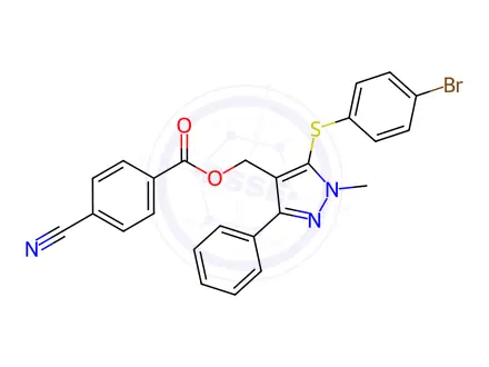 Chemical structure of (5-((4-Bromophenyl)thio)-1-methyl-3-phenyl-1H-pyrazol-4-yl)methyl 4-cyanobenzoate