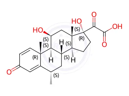 Chemical structure of Pregna-1,4-dien-21-oic acid, 11,17-dihydroxy-6-methyl-3,20-dioxo-, (6α,11β)-(9CI)