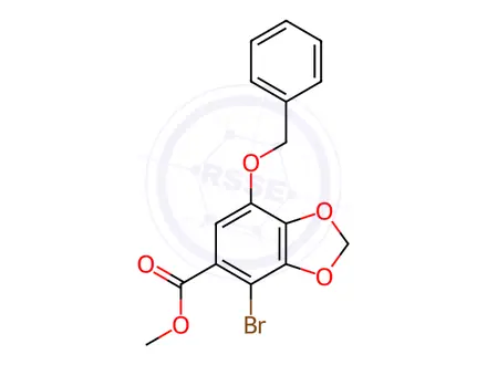 Chemical structure of 1,3-Benzodioxole-5-carboxylic acid, 4-bromo-7-(phenylmethoxy)-, methyl ester