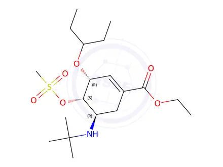 Chemical structure of (3R,4S,5R)-ethyl 5-(tert-butylamino)-4-((methylsulfonyl)oxy)-3-(pentan-3-yloxy)cyclohex-1-enecarboxylate
