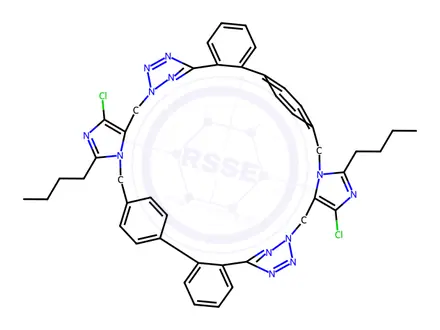 Chemical structure of 5H,18H,23H,36H-6,9:24,27-Dietheno-17,14:35,32-dinitrilobenzo[m]diimidazo[5,1-f:5′,1′-t][2,3,4,7,16,17,18,21]benzoctaazacyclooctacosine, 3,21-dibutyl-1,19-dichloro