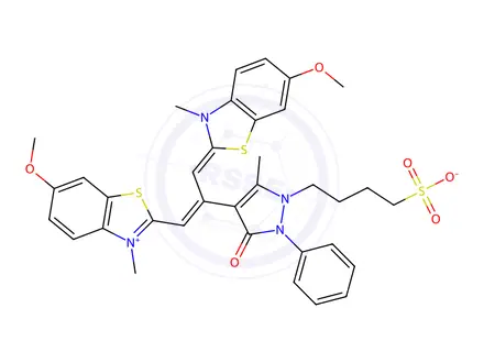 Chemical structure of 2-[2-[2,3-dihydro-5-methyl-3-oxo-2-phenyl-1-(4-sulphonatobutyl)-1H-pyrazol-4-yl]-3-(6-methoxy-3-methyl-3H-benzothiazol-2-ylidene)prop-1-enyl]-6-methoxy-3-methylbenzothiazolium