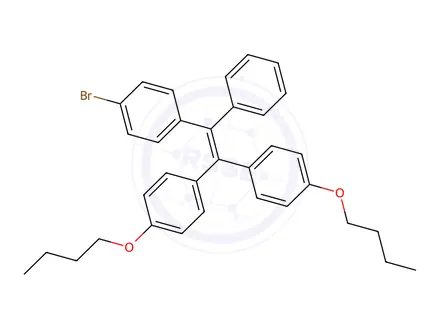 Chemical structure of Benzene, 1,1'-[2-(4-bromophenyl)-2-phenylethenylidene]bis[4-butoxy-