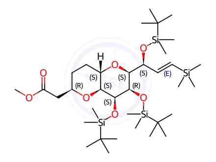 Chemical structure of methyl 2-((2R,4aS,6S,7R,8S,8aS)-7,8-bis((tert-butyldimethylsilyl)oxy)-6-((S,E)-1-((tert-butyldimethylsilyl)oxy)-3-(trimethylsilyl)allyl)octahydropyrano [3,2-b]pyran-2-yl)acetate