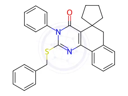 Chemical structure of 2-(benzylsulfanyl)-3-phenyl-3H-spiro[benzo[h]quinazoline-5,1'-cyclopentan]-4(6H)-one