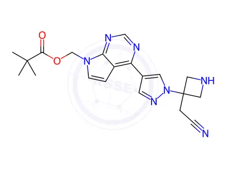 Chemical structure of (4-(1-(3-(Cyanomethyl)azetidin-3-yl)-1H-pyrazol-4-yl)-7H-pyrrolo[2,3-d]pyrimidin-7-yl)methyl Pivalate